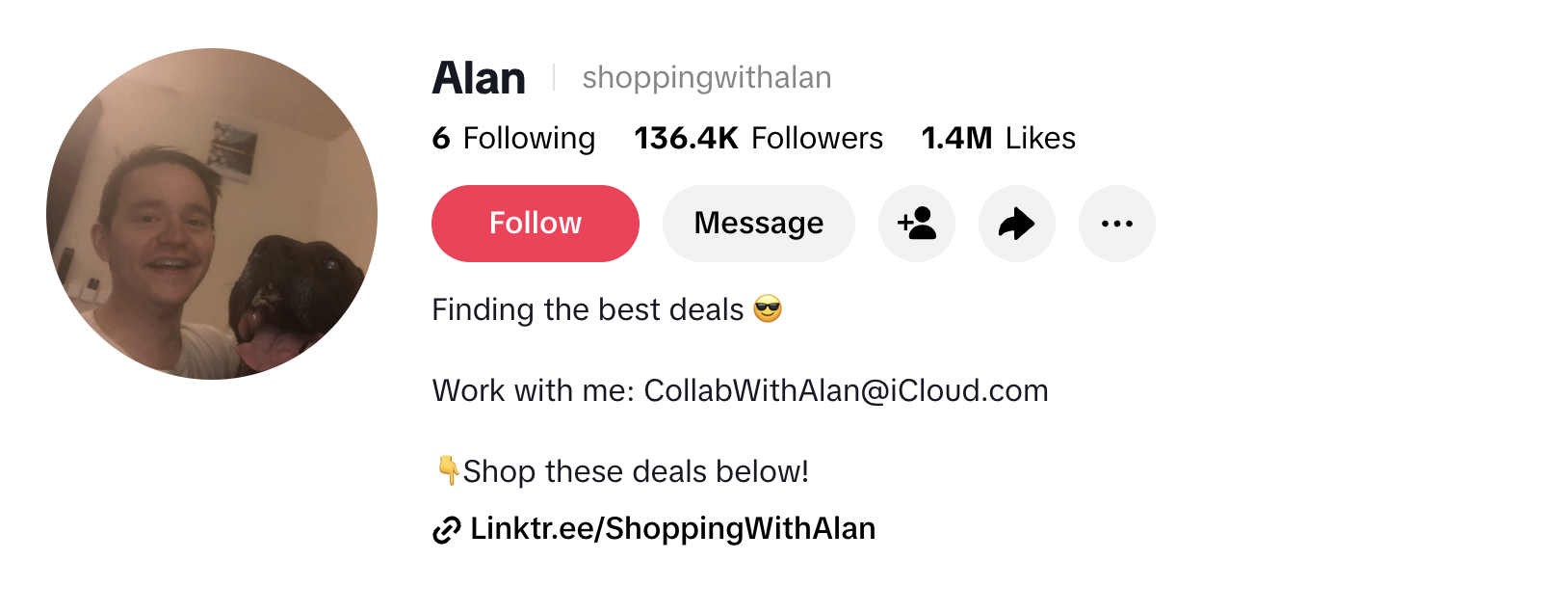 @ShoppingWithAlan TikTok profile showing 136.4K followers and 1.4M likes